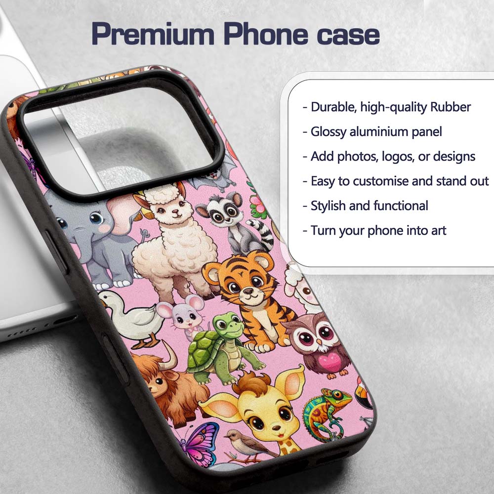 Cute Cartoon Jungle Safari Animals Printed Design Custom Name Protective Phone Case Mobile Cover Durable Everyday Smartphone Shock Resistant