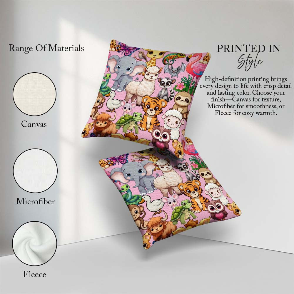 Custom Name Cartoon Jungle Safari Animals Seamless on Light Pink Square Filled Cushion Throw Pillow Sofa Bed Home Decor Zip Washable UK Made