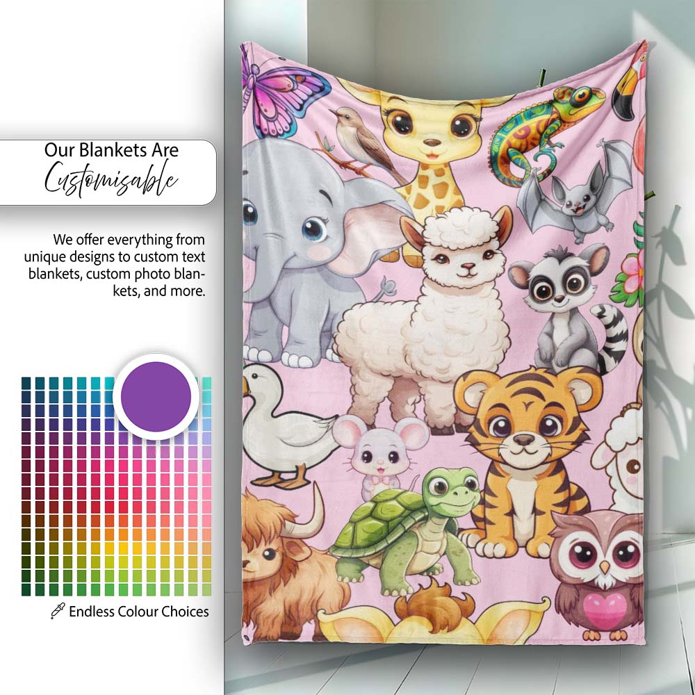 Cute Cartoon Jungle Safari Animals Seamless Pattern on Light Pink  Personalised Custom Name Super Soft Fleece Blanket Bed Sofa Throw