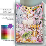 Cute Cartoon Jungle Safari Animals Seamless Pattern on Light Pink  Personalised Custom Name Super Soft Fleece Blanket Bed Sofa Throw