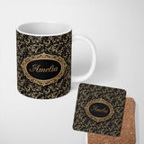 Personalized Custom Name Black Gold Baroque Floral Seamless Pattern Luxury Ornamental Design 11oz Ceramic Coffee Tea Mug White Large Handle
