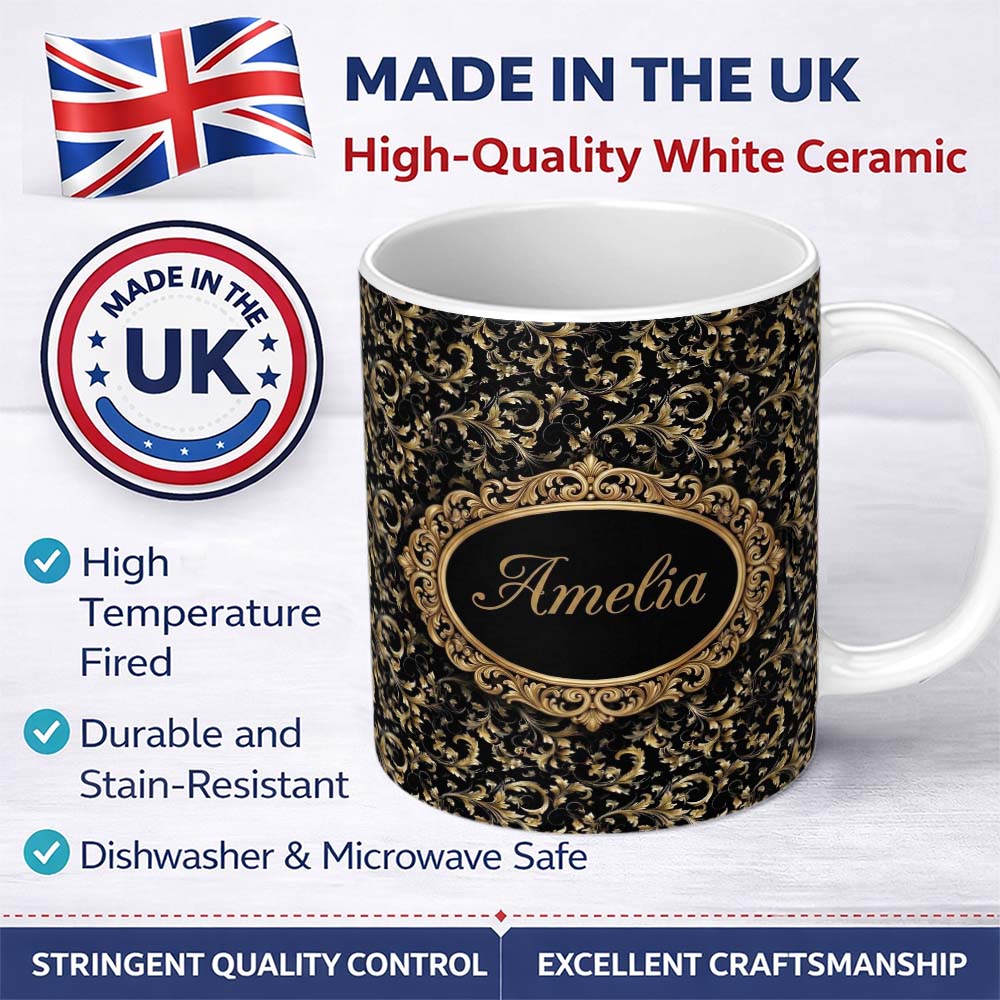 Personalized Custom Name Black Gold Baroque Floral Seamless Pattern Luxury Ornamental Design 11oz Ceramic Coffee Tea Mug White Large Handle