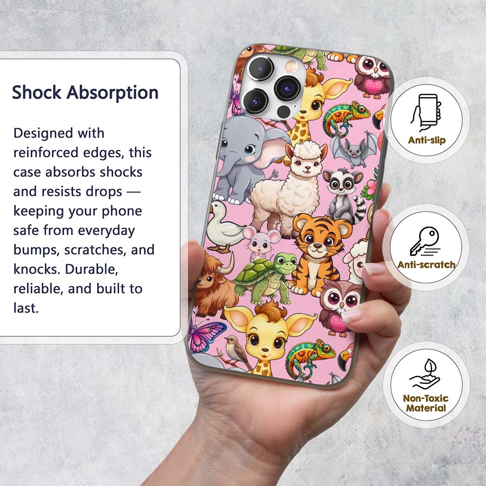 Cute Cartoon Jungle Safari Animals Printed Design Custom Name Protective Phone Case Mobile Cover Durable Everyday Smartphone Shock Resistant