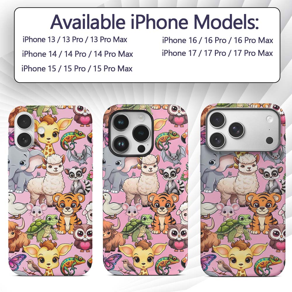 Cute Cartoon Jungle Safari Animals Printed Design Custom Name Protective Phone Case Mobile Cover Durable Everyday Smartphone Shock Resistant