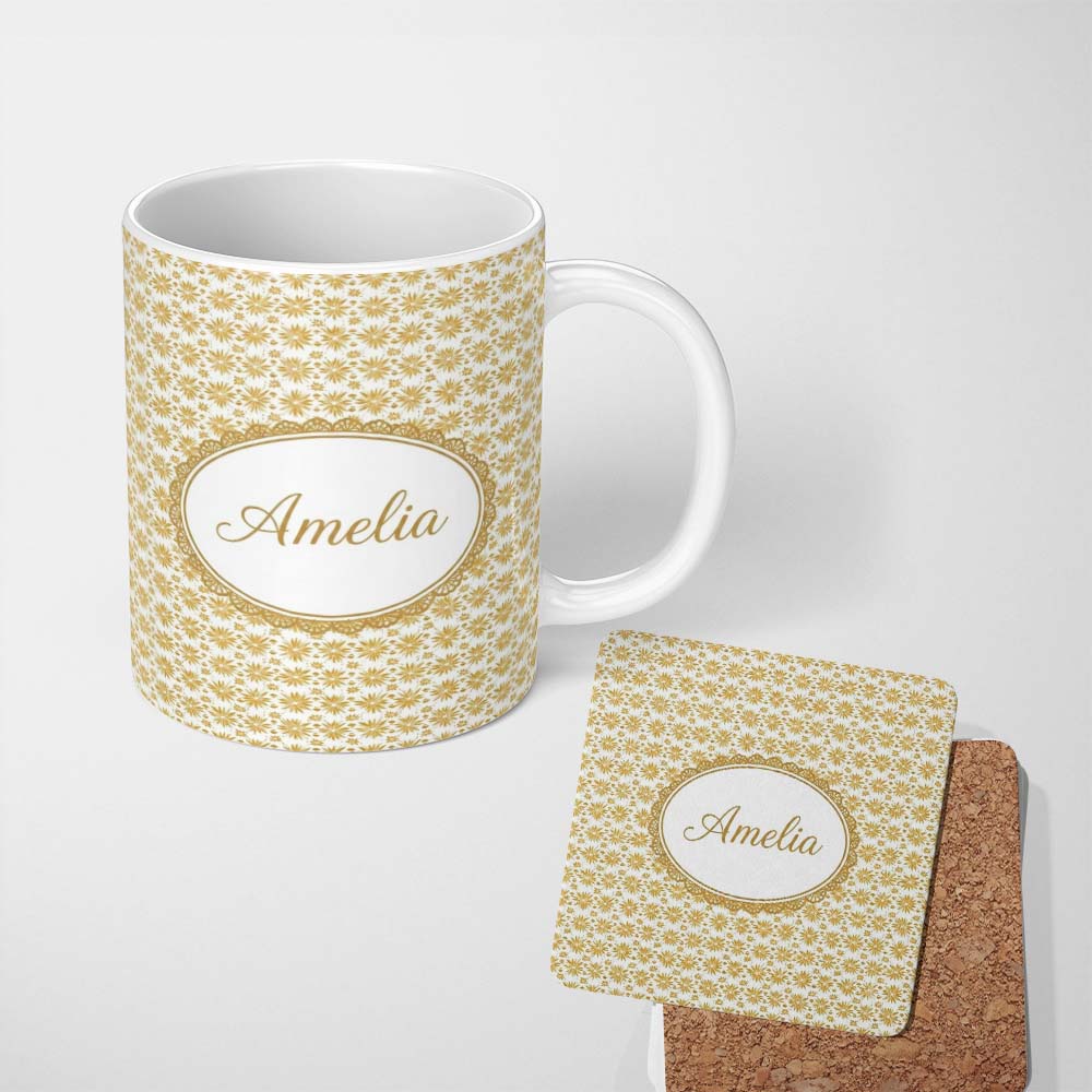 Personalized Custom Name Golden Starburst Floral Seamless Pattern Elegant Geometric 11oz Ceramic Coffee Tea Mug White Large Handle