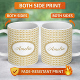 Personalized Custom Name Golden Starburst Floral Seamless Pattern Elegant Geometric 11oz Ceramic Coffee Tea Mug White Large Handle