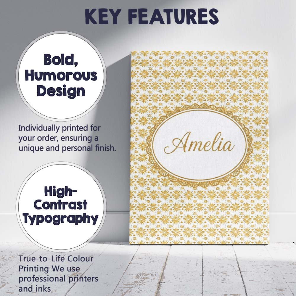 Personalised Name Golden Starburst Floral Custom  Unique Gift Idea Elegant Feature Canvas Wall Art Print Decor Picture Ready to Hang