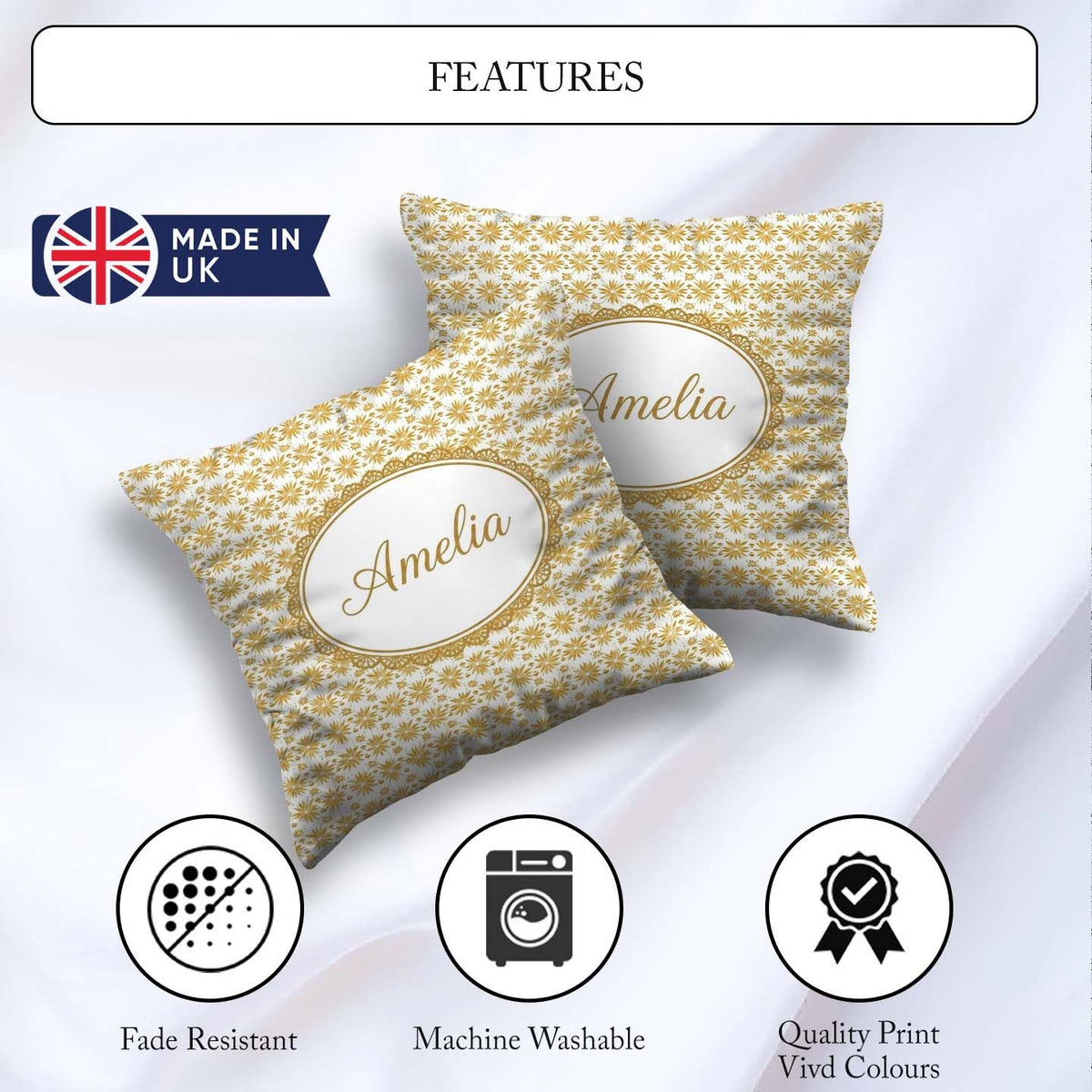 Custom Name Golden Starburst Seamless Pattern Elegant Geometric Square Filled Cushion Throw Pillow Sofa Bed Home Decor Zip Washable UK Made