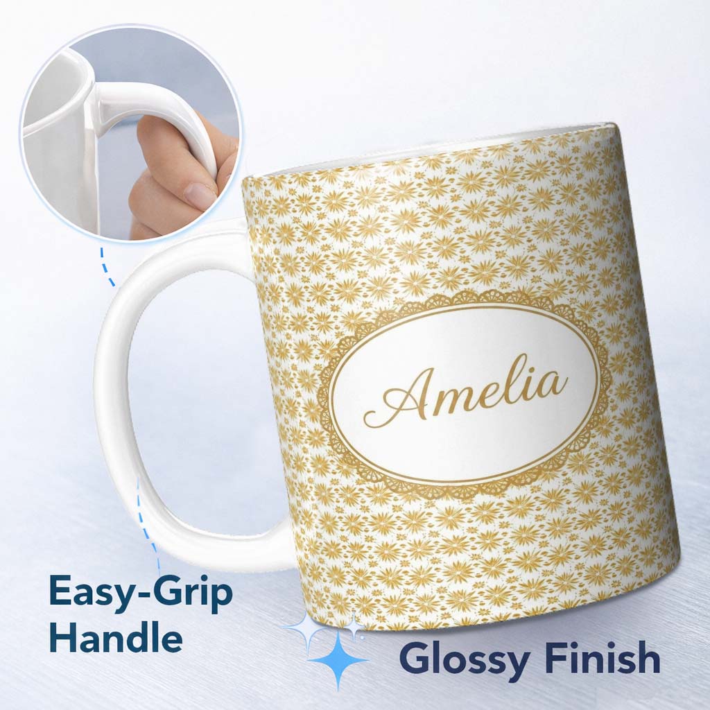 Personalized Custom Name Golden Starburst Floral Seamless Pattern Elegant Geometric 11oz Ceramic Coffee Tea Mug White Large Handle
