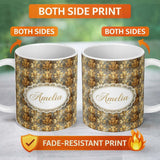 Personalized Custom Name Antique Gold Leaf Damask Seamless Pattern Vintage Luxury Texture 11oz Ceramic Coffee Tea Mug White Large Handle