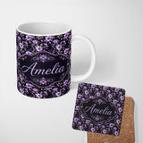 Personalized Custom Name Purple Floral Seamless Pattern Dark Elegant Botanical Design Name 11oz Ceramic Coffee Tea Mug White Large Handle