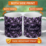 Personalized Custom Name Purple Floral Seamless Pattern Dark Elegant Botanical Design Name 11oz Ceramic Coffee Tea Mug White Large Handle