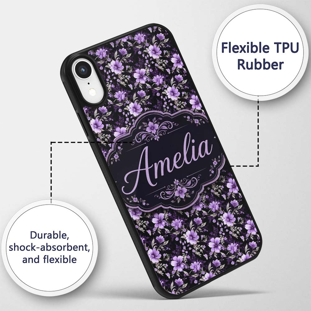 Purple Floral Seamless Pattern Printed Design Custom Name Protective Phone Case Mobile Cover Durable Everyday Smartphone Shock Resistant