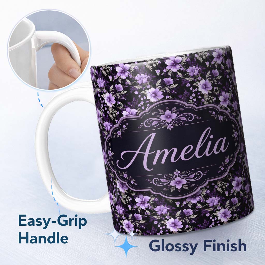 Personalized Custom Name Purple Floral Seamless Pattern Dark Elegant Botanical Design Name 11oz Ceramic Coffee Tea Mug White Large Handle