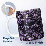 Personalized Custom Name Purple Floral Seamless Pattern Dark Elegant Botanical Design Name 11oz Ceramic Coffee Tea Mug White Large Handle