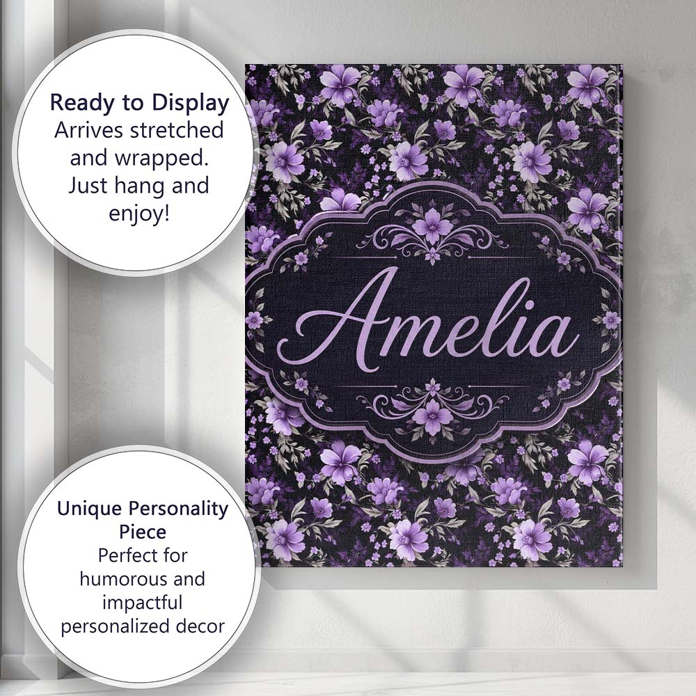 Personalised Name Purple Floral Seamless Custom  Unique Gift Idea Elegant Feature Canvas Wall Art Print Decor Picture Ready to Hang