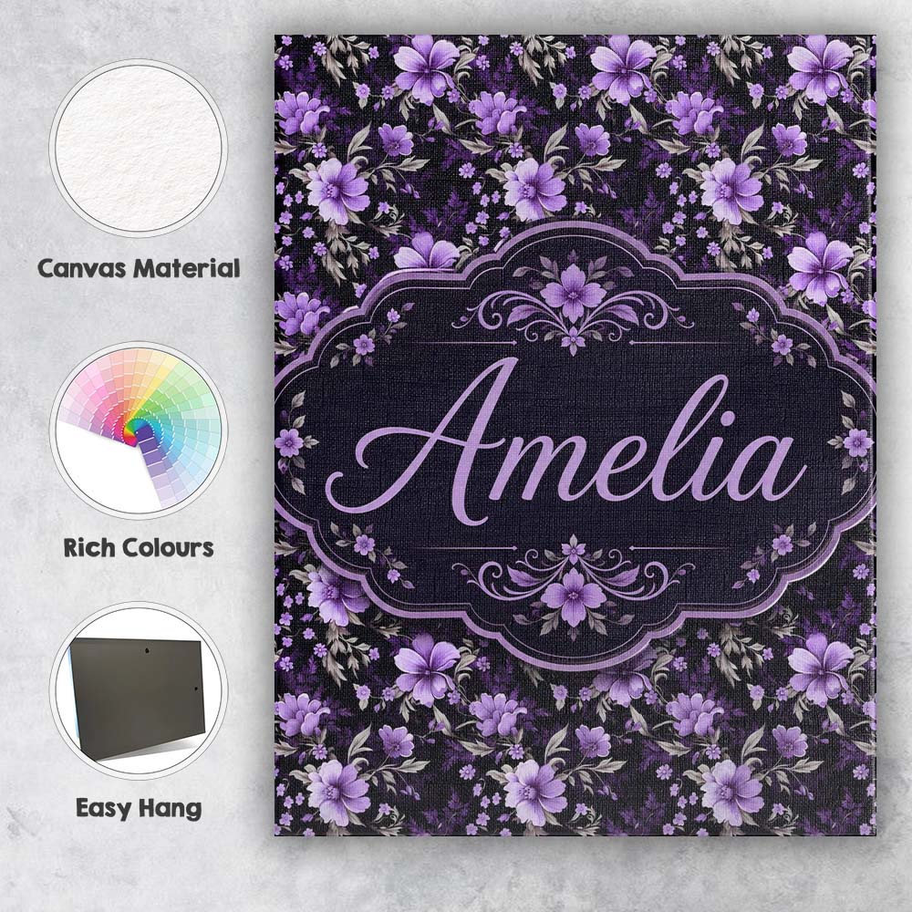 Personalised Name Purple Floral Seamless Custom  Unique Gift Idea Elegant Feature Canvas Wall Art Print Decor Picture Ready to Hang