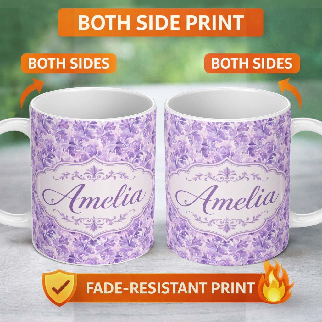 Personalized Custom Name Lavender Ornate Damask Seamless Pattern Soft Watercolor Floral 11oz Ceramic Coffee Tea Mug White Large Handle