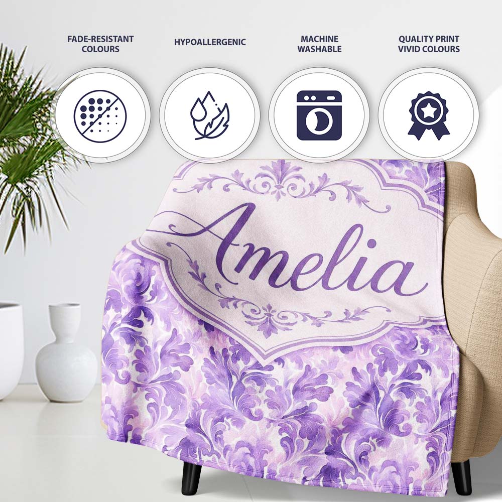 Lavender Ornate Damask Seamless Pattern Soft Watercolor Floral  Personalised Custom Name Super Soft Fleece Blanket Bed Sofa Throw