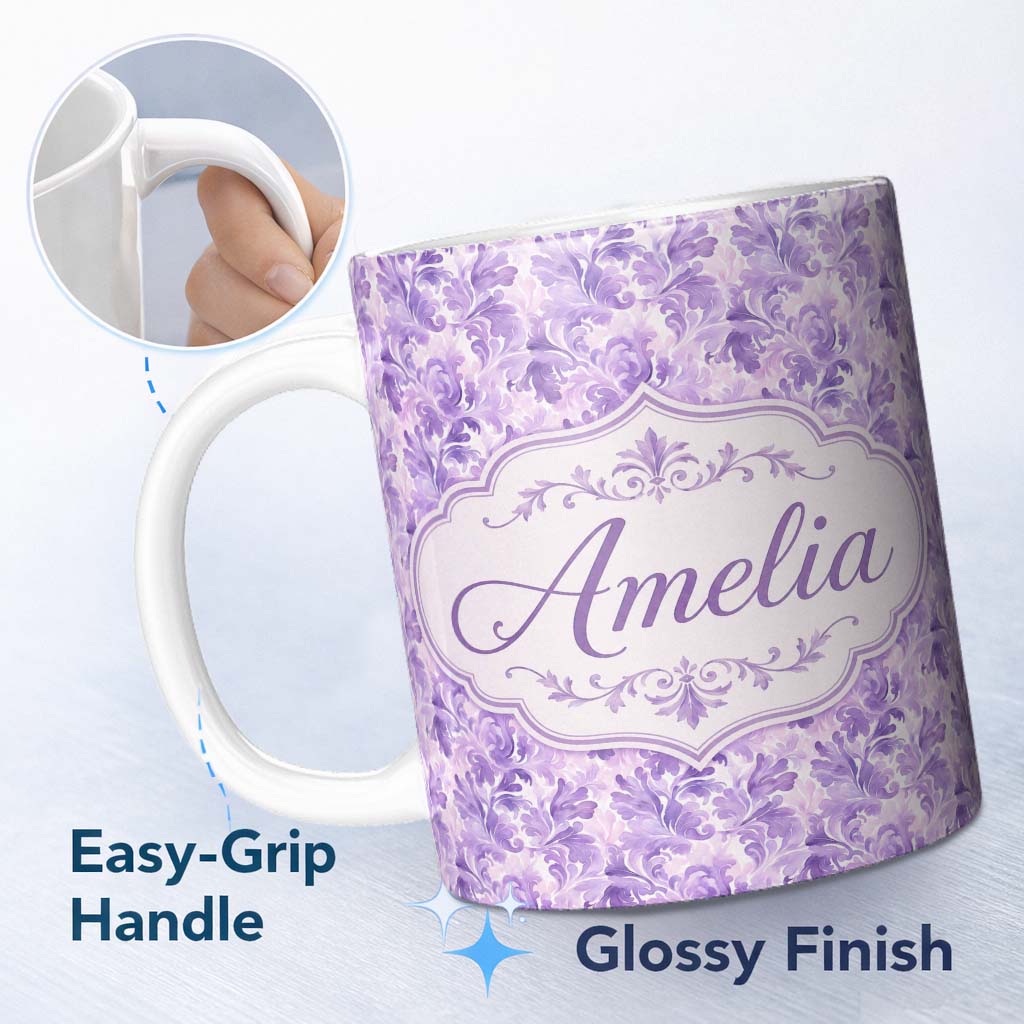 Personalized Custom Name Lavender Ornate Damask Seamless Pattern Soft Watercolor Floral 11oz Ceramic Coffee Tea Mug White Large Handle