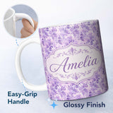 Personalized Custom Name Lavender Ornate Damask Seamless Pattern Soft Watercolor Floral 11oz Ceramic Coffee Tea Mug White Large Handle