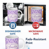 Personalized Custom Name Lavender Ornate Damask Seamless Pattern Soft Watercolor Floral 11oz Ceramic Coffee Tea Mug White Large Handle