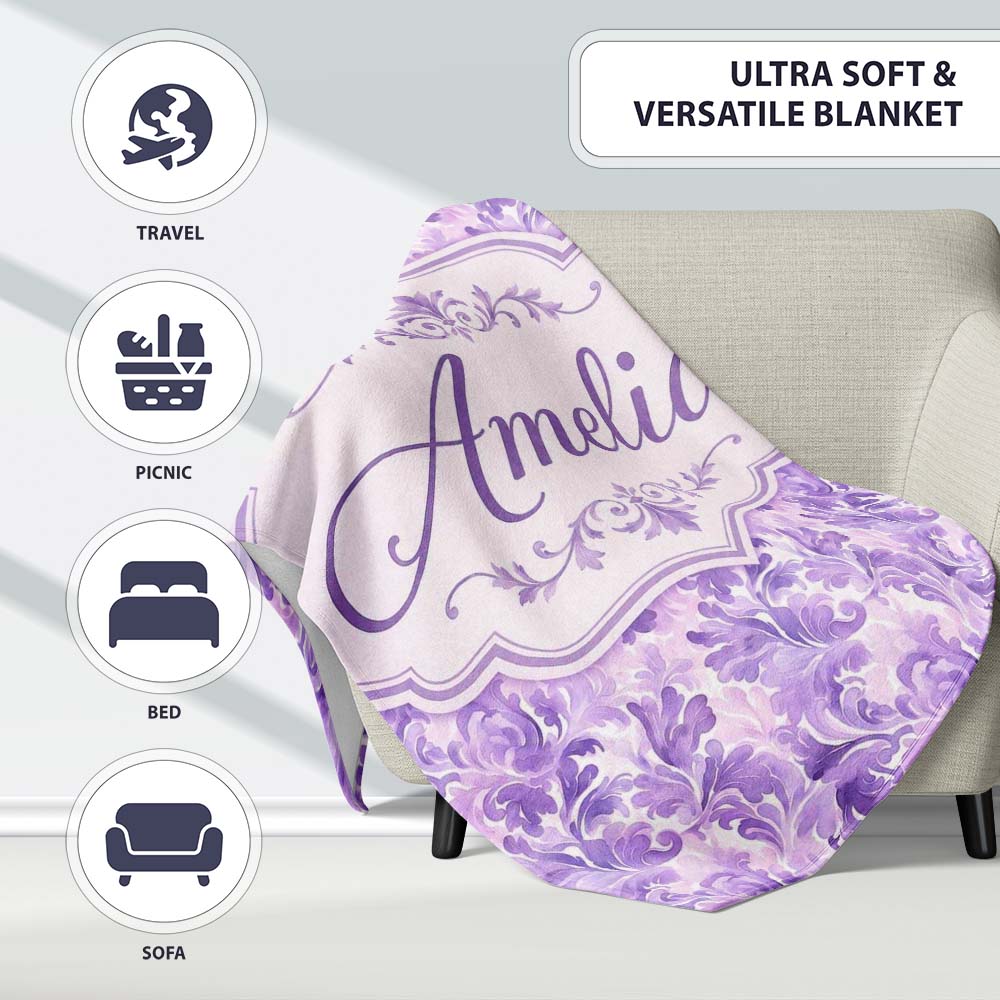 Lavender Ornate Damask Seamless Pattern Soft Watercolor Floral  Personalised Custom Name Super Soft Fleece Blanket Bed Sofa Throw