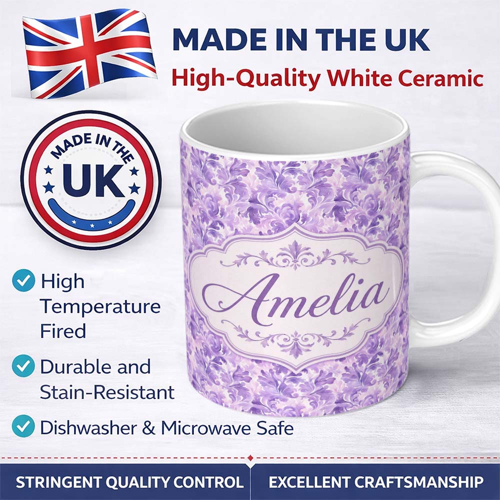 Personalized Custom Name Lavender Ornate Damask Seamless Pattern Soft Watercolor Floral 11oz Ceramic Coffee Tea Mug White Large Handle