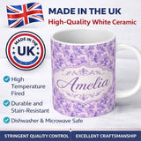 Personalized Custom Name Lavender Ornate Damask Seamless Pattern Soft Watercolor Floral 11oz Ceramic Coffee Tea Mug White Large Handle