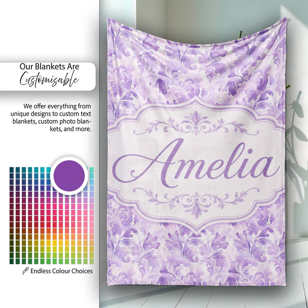 Lavender Ornate Damask Seamless Pattern Soft Watercolor Floral  Personalised Custom Name Super Soft Fleece Blanket Bed Sofa Throw