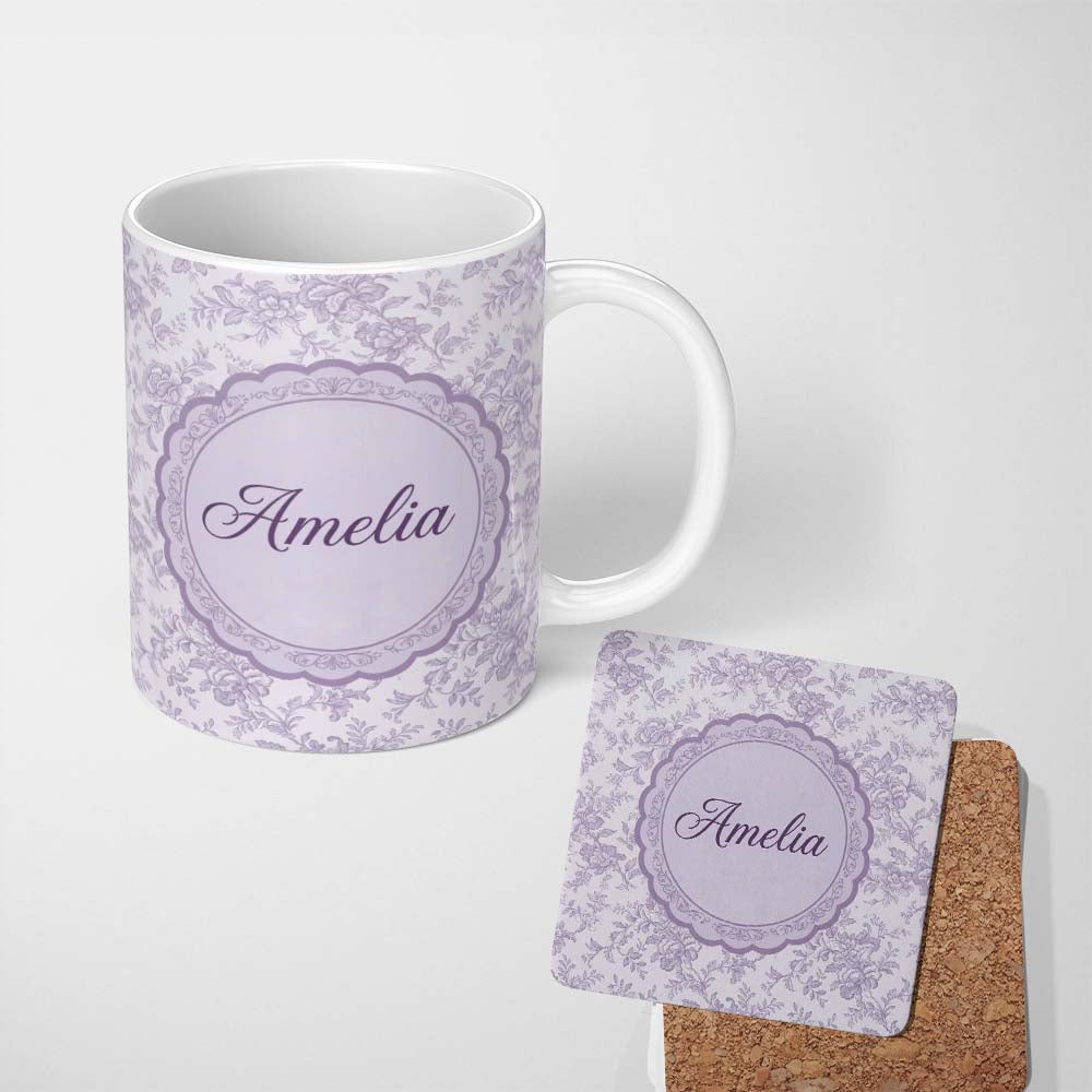 Personalized Custom Name Purple Floral Garden Seamless Pattern Delicate Botanical Blossom 11oz Ceramic Coffee Tea Mug White Large Handle