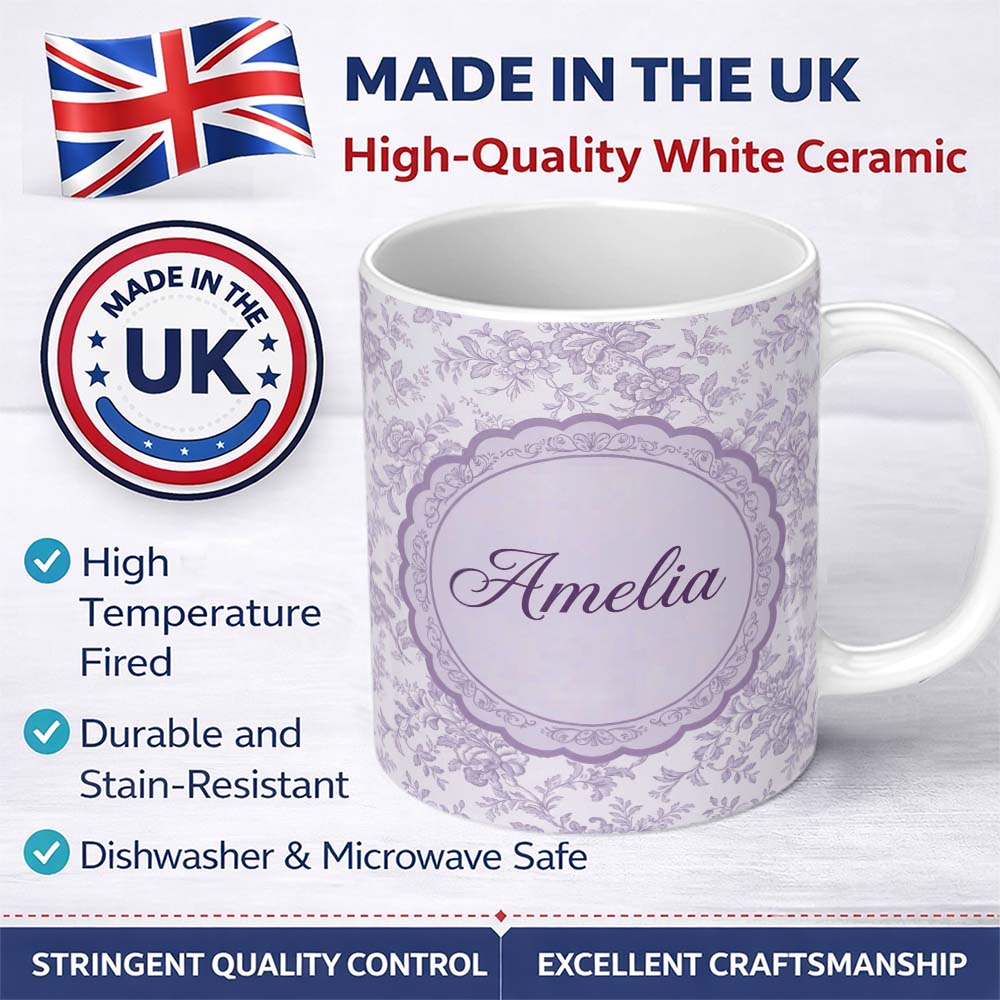 Personalized Custom Name Purple Floral Garden Seamless Pattern Delicate Botanical Blossom 11oz Ceramic Coffee Tea Mug White Large Handle