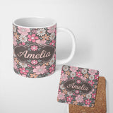 Personalized Custom Name Elegant Lavender Peony Floral Seamless Pattern Soft Vintage 11oz Ceramic Coffee Tea Mug White Large Handle