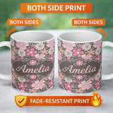 Personalized Custom Name Elegant Lavender Peony Floral Seamless Pattern Soft Vintage 11oz Ceramic Coffee Tea Mug White Large Handle