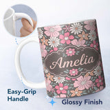 Personalized Custom Name Elegant Lavender Peony Floral Seamless Pattern Soft Vintage 11oz Ceramic Coffee Tea Mug White Large Handle
