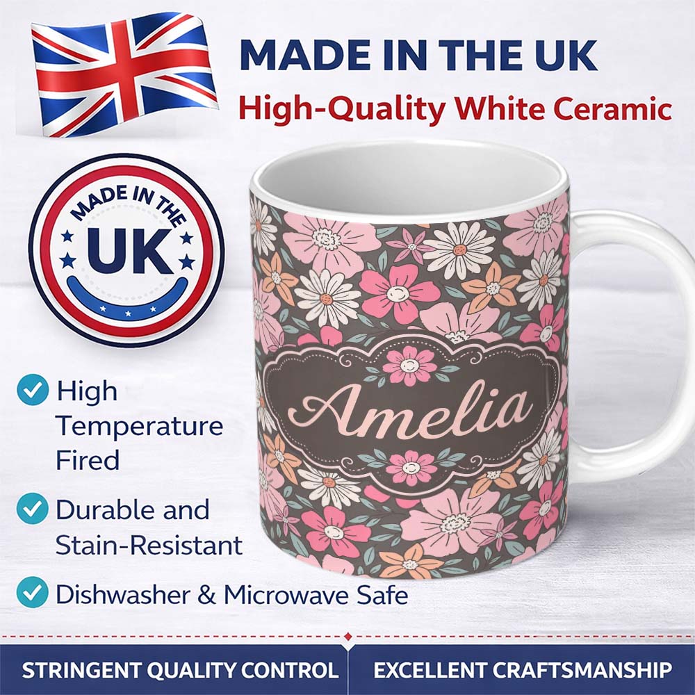 Personalized Custom Name Elegant Lavender Peony Floral Seamless Pattern Soft Vintage 11oz Ceramic Coffee Tea Mug White Large Handle