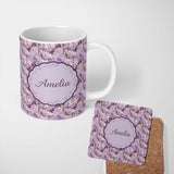 Personalized Custom Name Lilac Hydrangea Floral Seamless Pattern Soft Romantic Botanical 11oz Ceramic Coffee Tea Mug White Large Handle