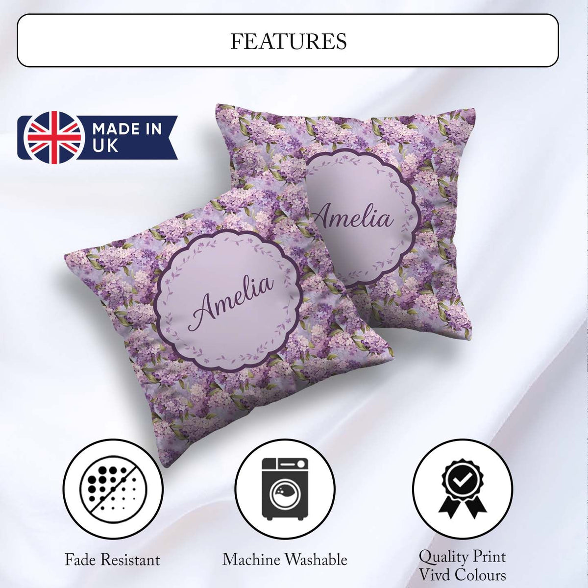 Custom Name Hydrangea Floral Seamless Pattern Romantic Botanical Square Filled Cushion Throw Pillow Sofa Bed Home Decor Zip Washable UK Made