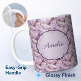 Personalized Custom Name Lilac Hydrangea Floral Seamless Pattern Soft Romantic Botanical 11oz Ceramic Coffee Tea Mug White Large Handle