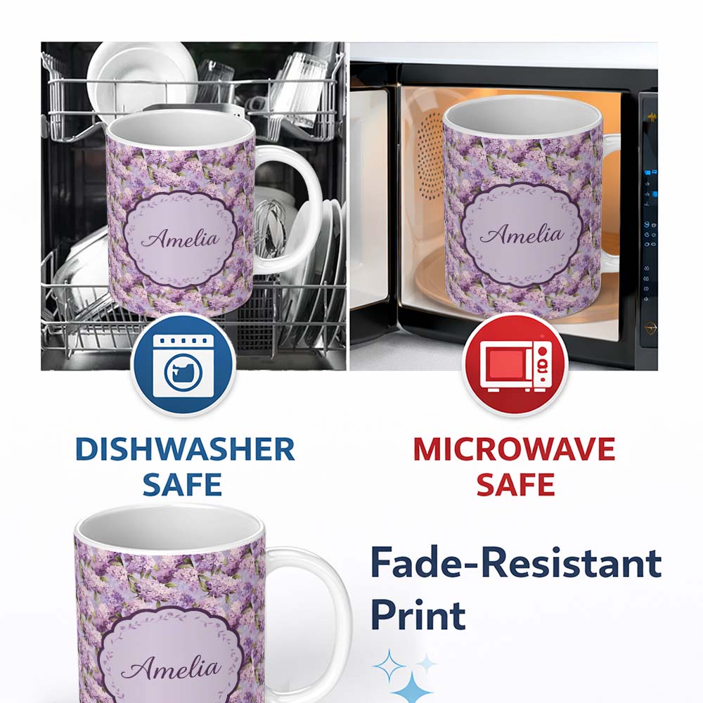 Personalized Custom Name Lilac Hydrangea Floral Seamless Pattern Soft Romantic Botanical 11oz Ceramic Coffee Tea Mug White Large Handle