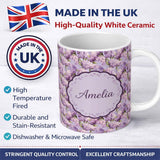 Personalized Custom Name Lilac Hydrangea Floral Seamless Pattern Soft Romantic Botanical 11oz Ceramic Coffee Tea Mug White Large Handle