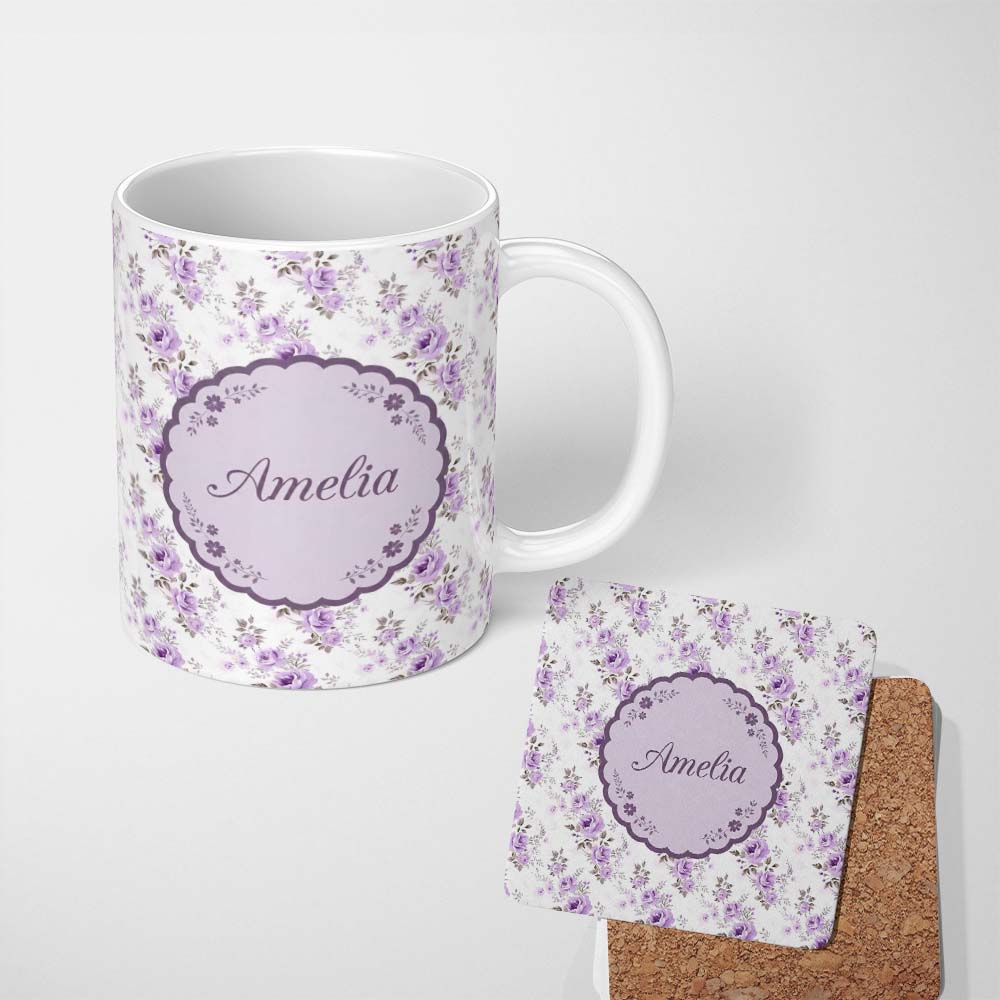 Personalized Custom Name Pastel Purple Rose Floral Seamless Pattern Delicate Vintage 11oz Ceramic Coffee Tea Mug White Large Handle