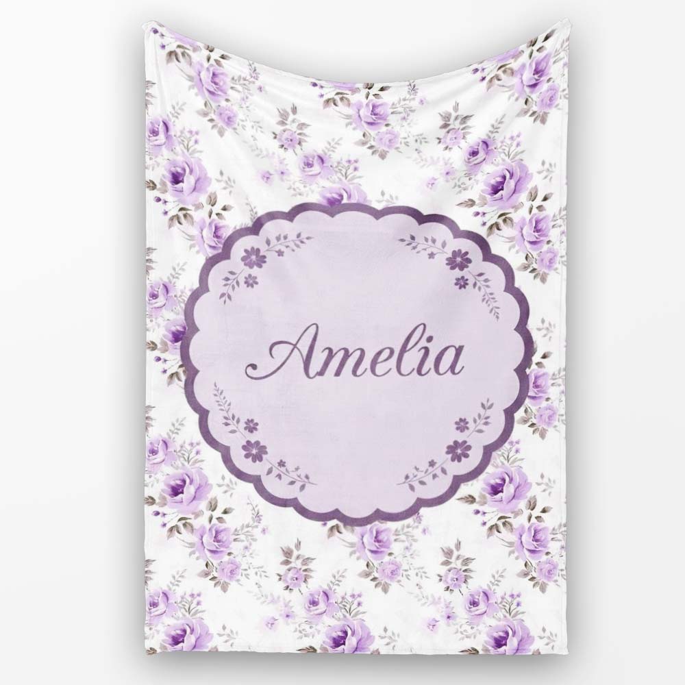 Pastel Purple Rose Floral Seamless Pattern Delicate Vintage  Personalised Custom Name Super Soft Fleece Blanket Bed Sofa Throw