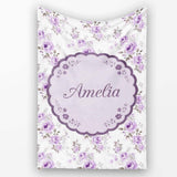 Pastel Purple Rose Floral Seamless Pattern Delicate Vintage  Personalised Custom Name Super Soft Fleece Blanket Bed Sofa Throw