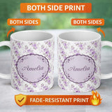 Personalized Custom Name Pastel Purple Rose Floral Seamless Pattern Delicate Vintage 11oz Ceramic Coffee Tea Mug White Large Handle