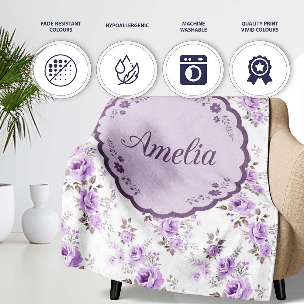 Pastel Purple Rose Floral Seamless Pattern Delicate Vintage  Personalised Custom Name Super Soft Fleece Blanket Bed Sofa Throw