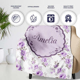 Pastel Purple Rose Floral Seamless Pattern Delicate Vintage  Personalised Custom Name Super Soft Fleece Blanket Bed Sofa Throw