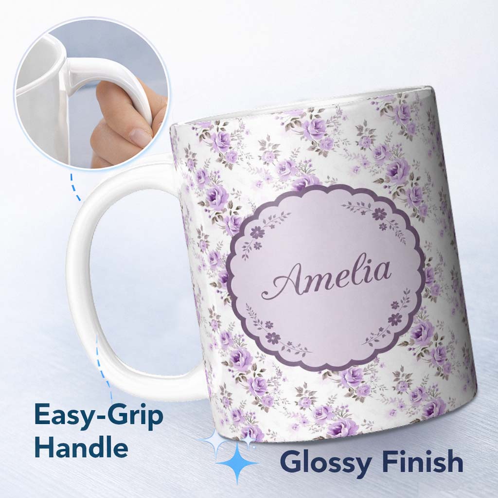 Personalized Custom Name Pastel Purple Rose Floral Seamless Pattern Delicate Vintage 11oz Ceramic Coffee Tea Mug White Large Handle