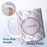 Personalized Custom Name Pastel Purple Rose Floral Seamless Pattern Delicate Vintage 11oz Ceramic Coffee Tea Mug White Large Handle
