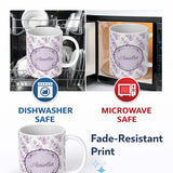 Personalized Custom Name Pastel Purple Rose Floral Seamless Pattern Delicate Vintage 11oz Ceramic Coffee Tea Mug White Large Handle